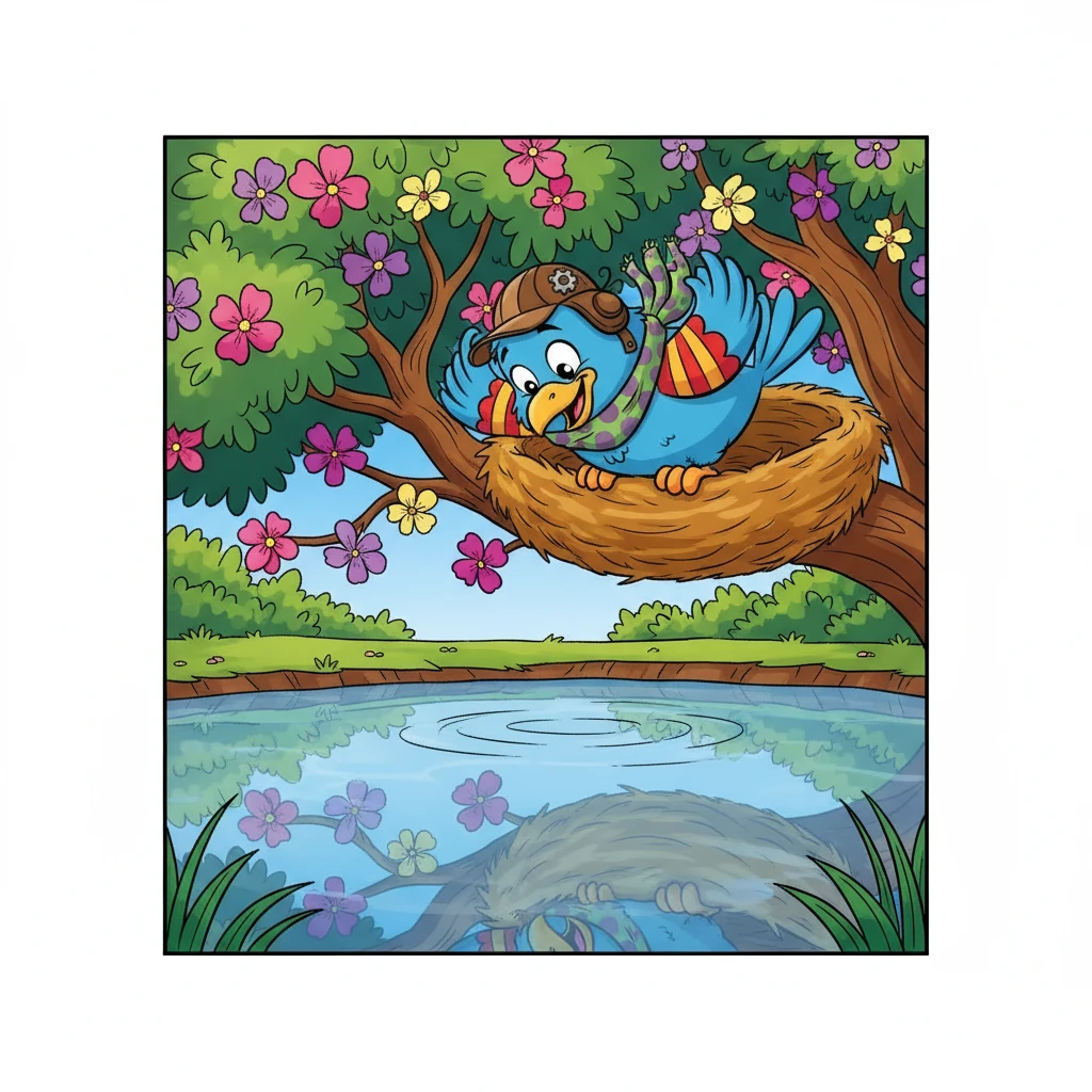 Um pequeno passarinho azul chamado Lalu vivia em um ninho aconchegante no alto de uma árvore florida. Ele tinha asas brilhantes, um topete fofo e olhos curiosos. Lalu adorava se olhar no reflexo da água, arrumando suas penas e polindo o bico.