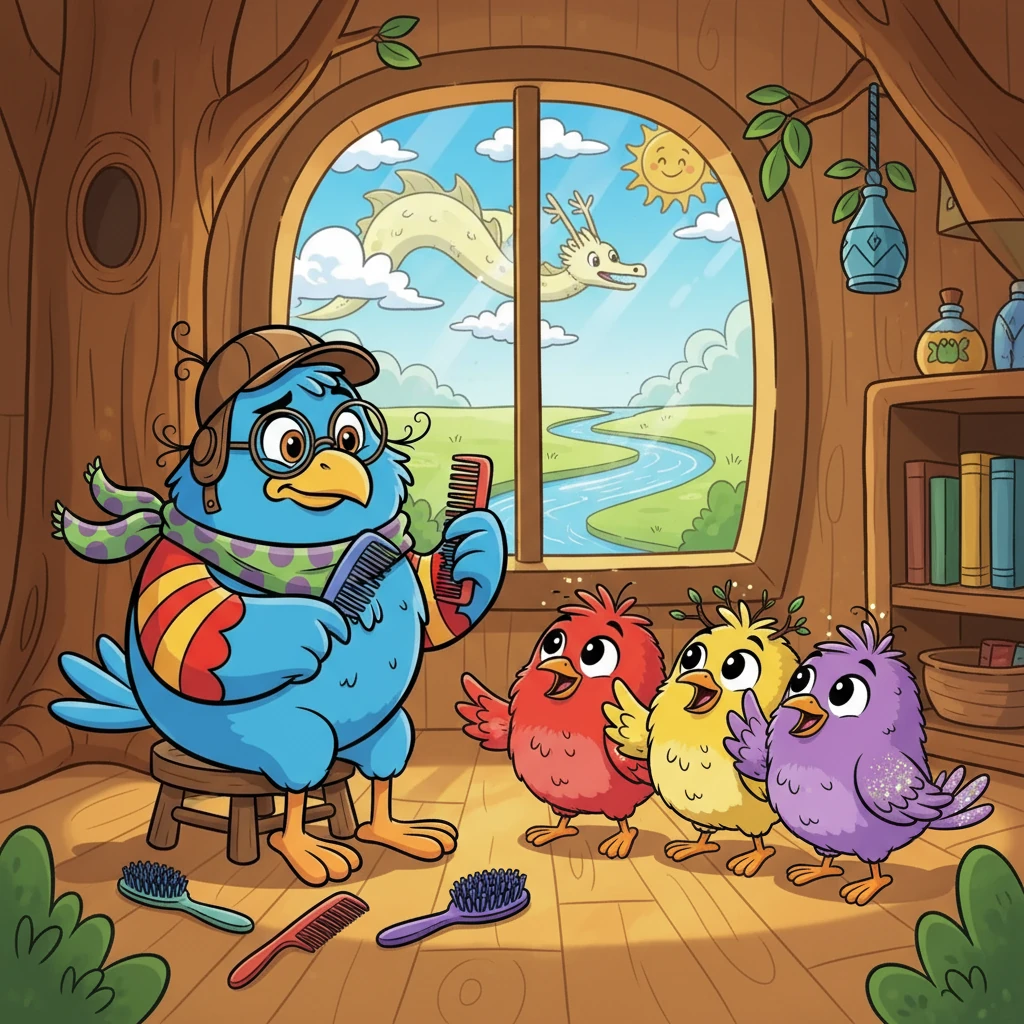 Lalu observava seus amigos voltando das aventuras, com as penas bagunçadas e os olhinhos brilhando. Eles contavam sobre nuvens em forma de dragões e rios que brilhavam como espelhos. Lalu apenas suspirava e continuava penteando seu topete.