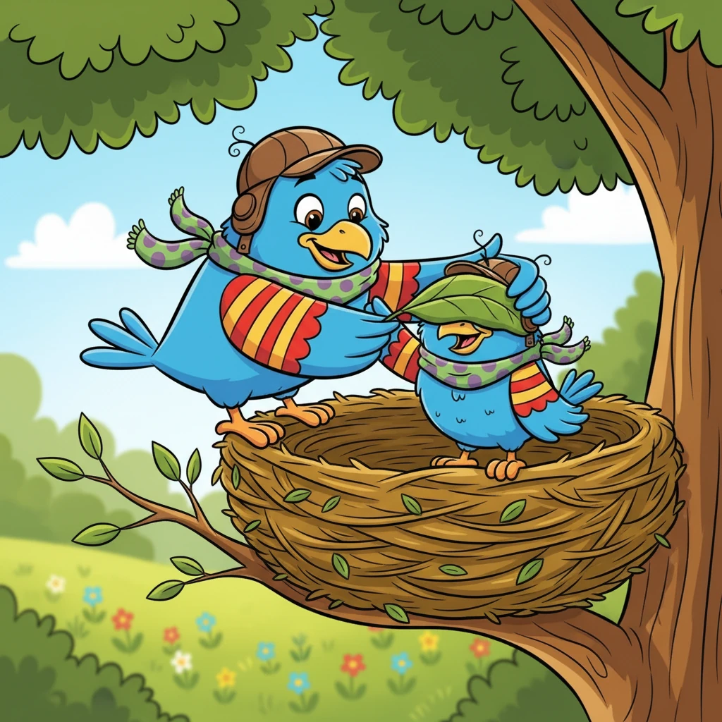 Certa manhã, a mamãe de Lalu teve uma ideia. Ela cobriu os olhinhos dele com uma folha macia, segurou sua asinha e perguntou: “Confia em mim, Lalu?” Antes que ele respondesse, ela saltou do ninho!