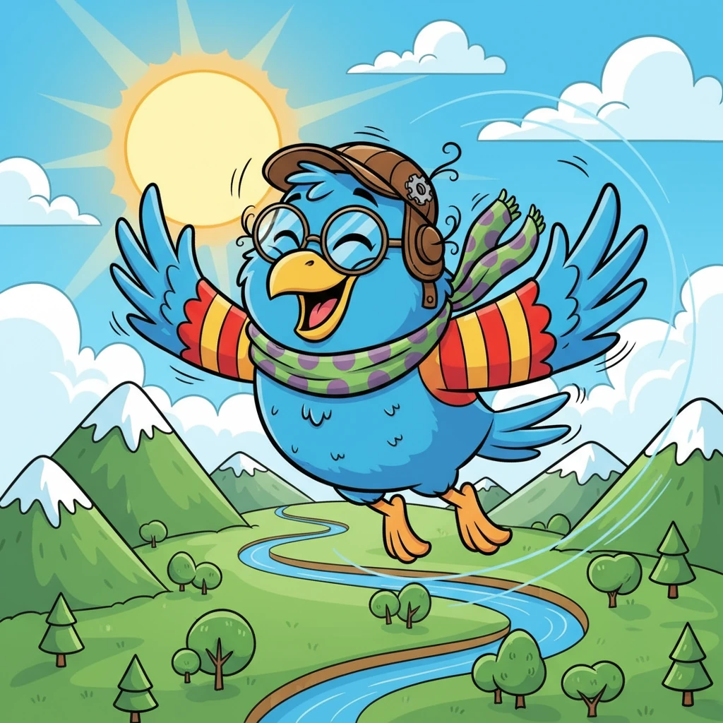 No começo, Lalu sentiu medo. Mas então, algo mágico aconteceu: ele abriu suas asas e começou a voar! O vento tocou suas penas e o fez rir de alegria. Ele viu o mundo lá de cima pela primeira vez: montanhas, rios e o brilho do sol.