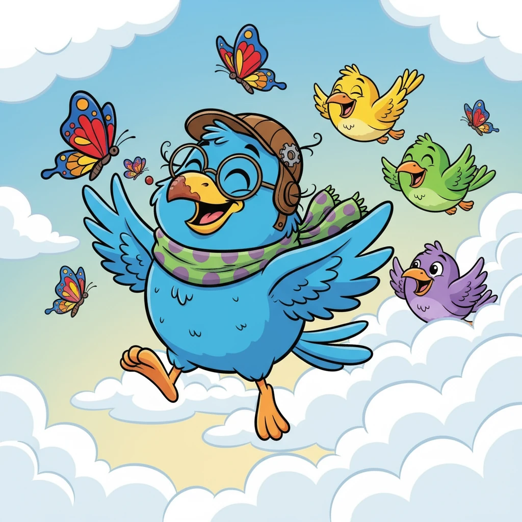 Lalu dava risadas e voava mais alto. Ele brincava com os amigos entre as nuvens, perseguia borboletas e sentia o vento bagunçar suas penas. Quando voltou para casa, estava cheio de alegria, com o bico sujo e o coração leve.