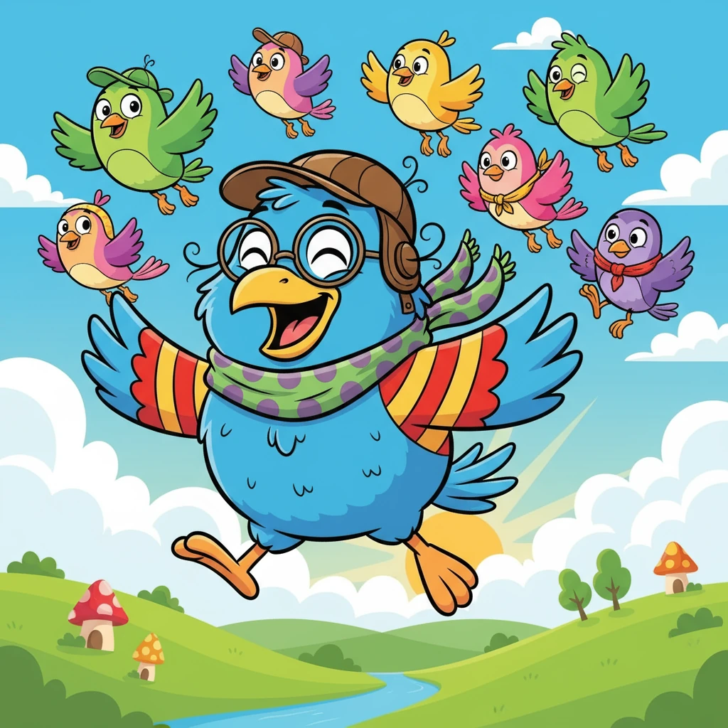 Agora, todos os dias, Lalu acordava cedo e voava com seus amigos. Ele descobria novos lugares, vivia aventuras e voltava sempre com as penas bagunçadas — e um sorriso enorme no rosto. Lalu aprendeu que o importante não é ser perfeito. O que importa é voar.