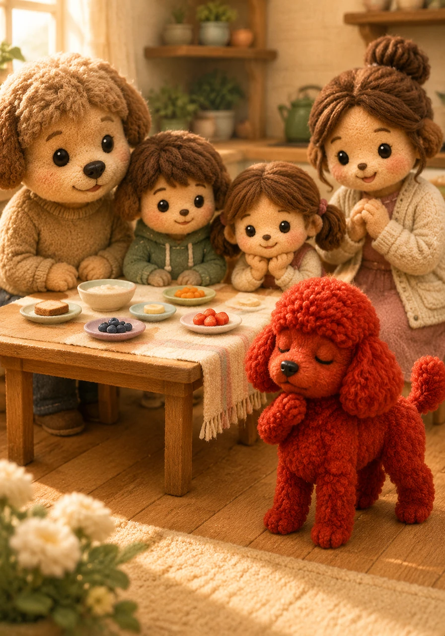 The next day, her family decided to help her by serving her breakfast in very small, separate portions. Cinnamon Bonbon wanted to rush in as usual, but she stopped, took a deep breath, and remembered her painful tummy ache.