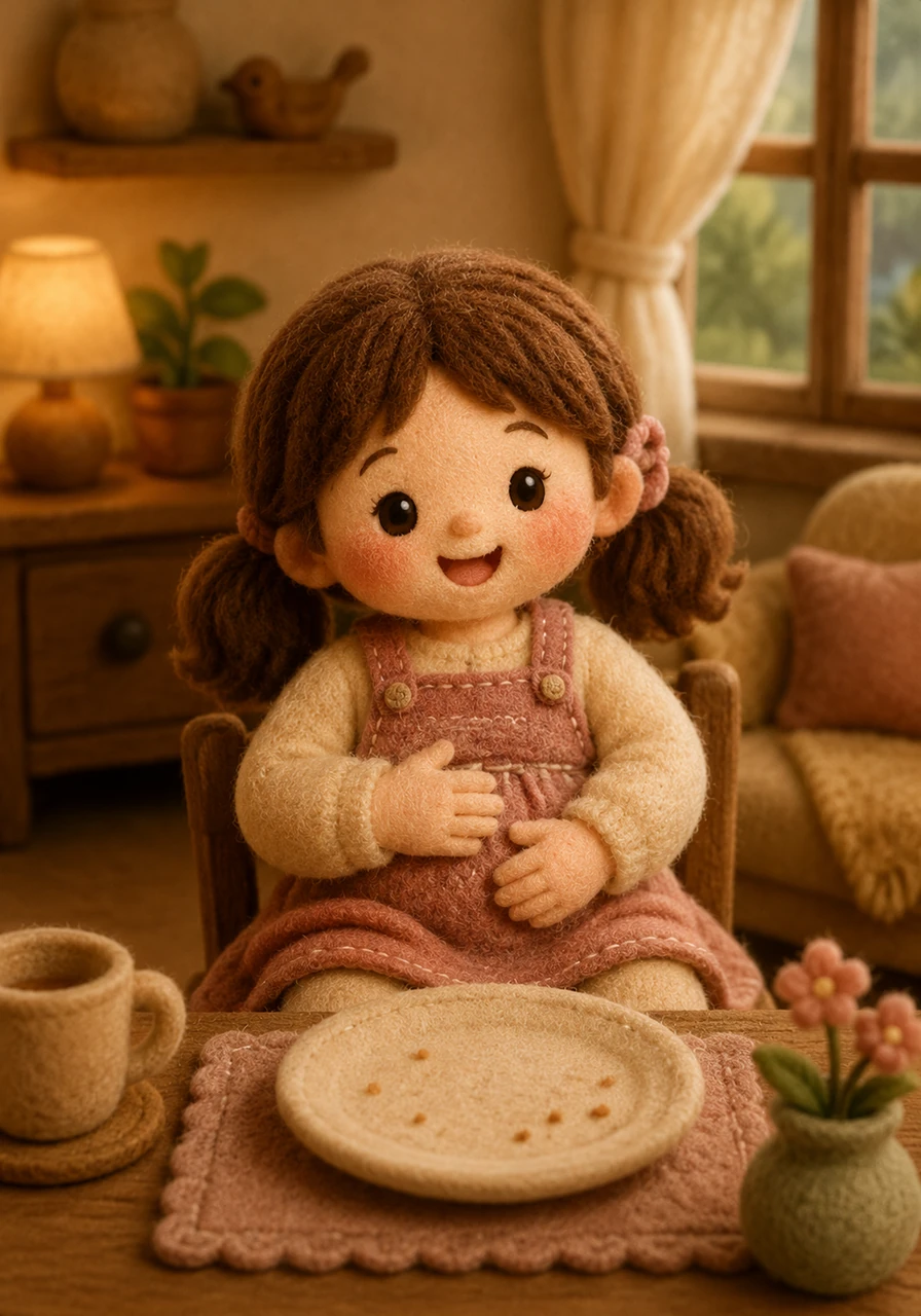 To her surprise, she could actually taste the delicious flavors of her food for the very first time. She thoroughly enjoyed every single bite, and soon her tummy felt completely happy, comfortable, and satisfied.