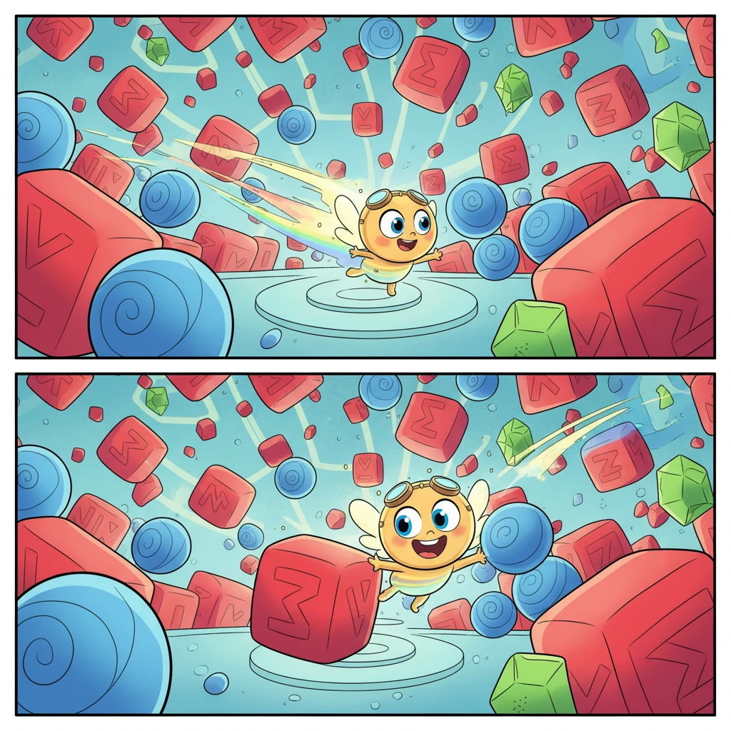 Pip, a tiny, zippy data sprite, zoomed into a bustling hub. All around him, colorful, wobbly 'data bits' – some red for voltage, some blue for current, others green for temperature – tumbled everywhere in a magnificent, jumbled mess.