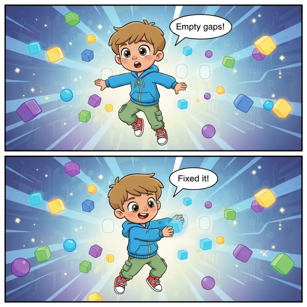 Suddenly, Pip noticed a few shy, empty gaps where data bits should be! With a determined grin, he gently placed a glowing, perfectly shaped replacement bit into each missing spot, making the data stream complete.