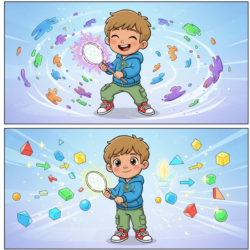 Next, some data bits were wiggling too much, making blurry, noisy shapes! Pip giggled as he used his special 'clean-up' tool, magically transforming the wobbly bits into clear, bright, and perfectly focused information.