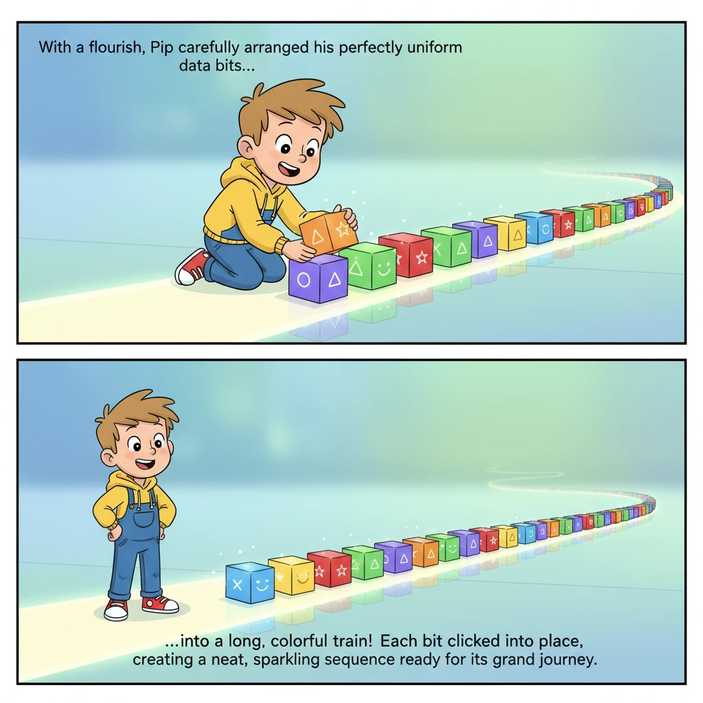With a flourish, Pip carefully arranged his perfectly uniform data bits into a long, colorful train! Each bit clicked into place, creating a neat, sparkling sequence ready for its grand journey.