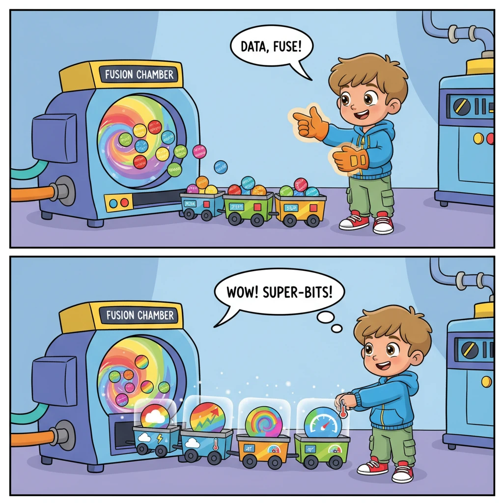 Pip then guided the data train into a 'fusion chamber' where different colored bits (like voltage and temperature) cuddled together, becoming super-bits. He then grouped these into little 'window' carts, ready for deeper understanding.