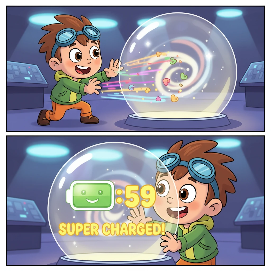 Pip watched excitedly as the transformed data bits zoomed towards a giant, shimmering crystal ball. Inside, a clear picture formed, showing a happy, healthy battery icon and how long it would stay super charged!