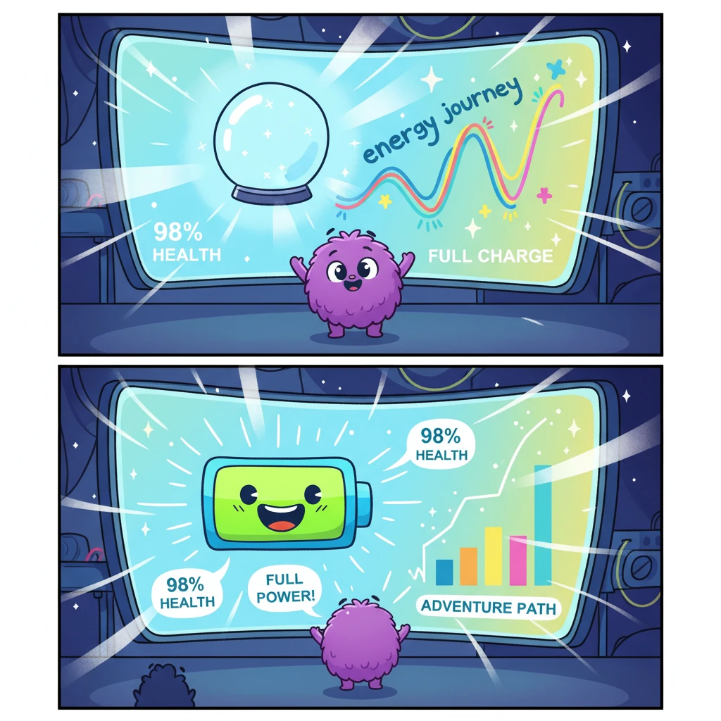 On a giant, colorful screen, the crystal ball's predictions lit up with a celebratory sparkle! A big, cheerful smile appeared on the battery icon, showing its health, remaining energy, and a fun graph of its journey, all thanks to Pip's amazing work!