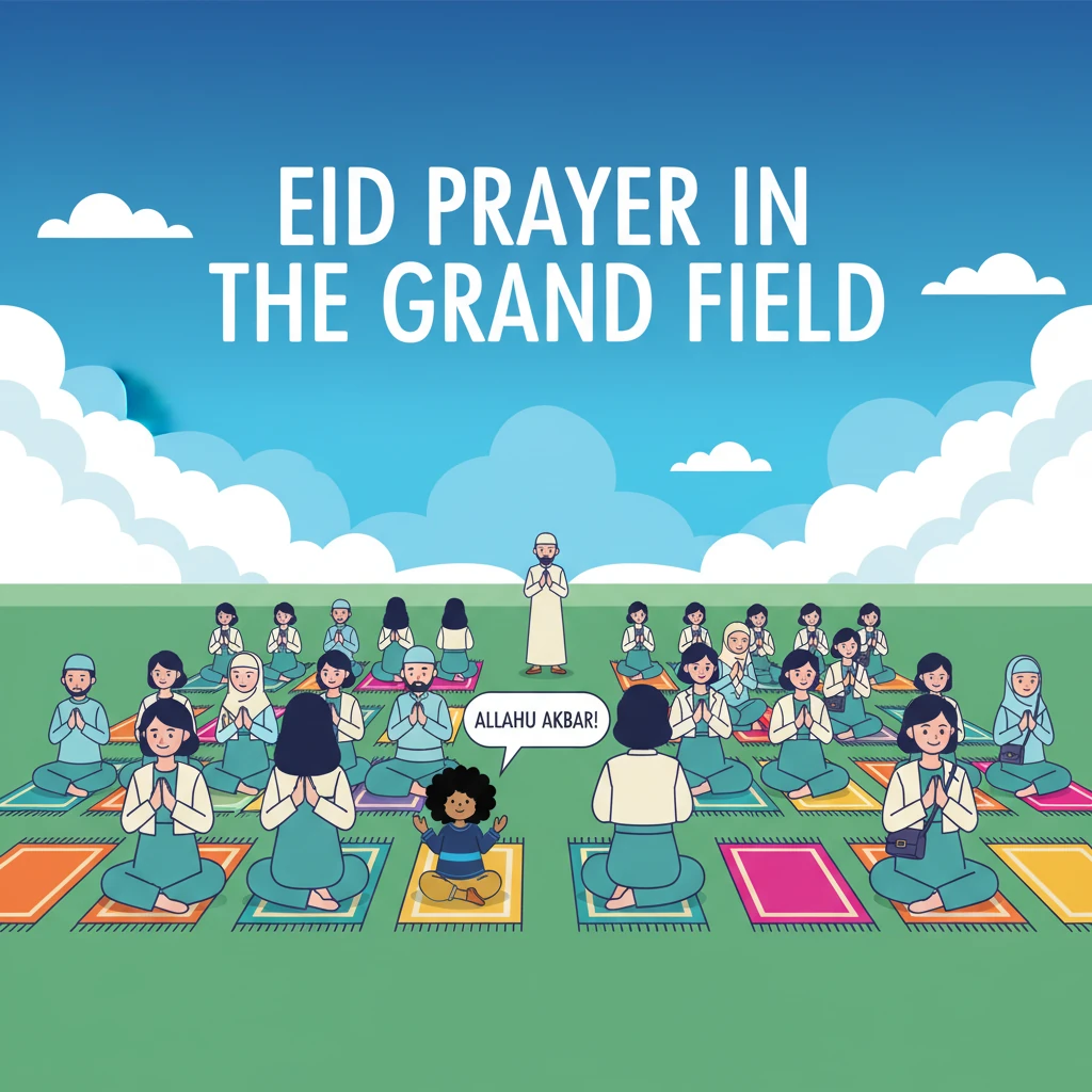 The vast Eid field is a canvas of bold green and blue. Rows of geometrically shaped worshippers sit on colorful prayer mats, facing a central Imam. St