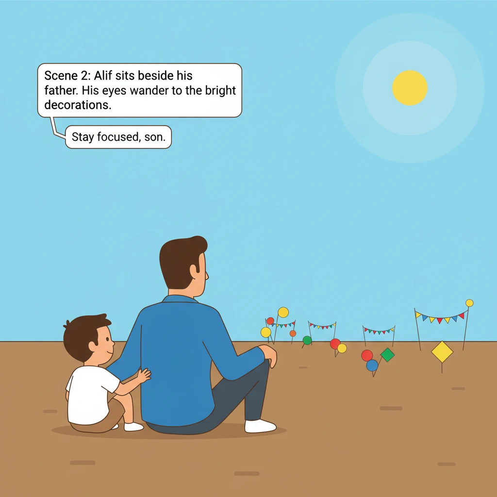 Alif, a small figure in white and brown, sits beside his father. His eyes, two simple dots, wander across the field, drawn to the bright, solid shapes