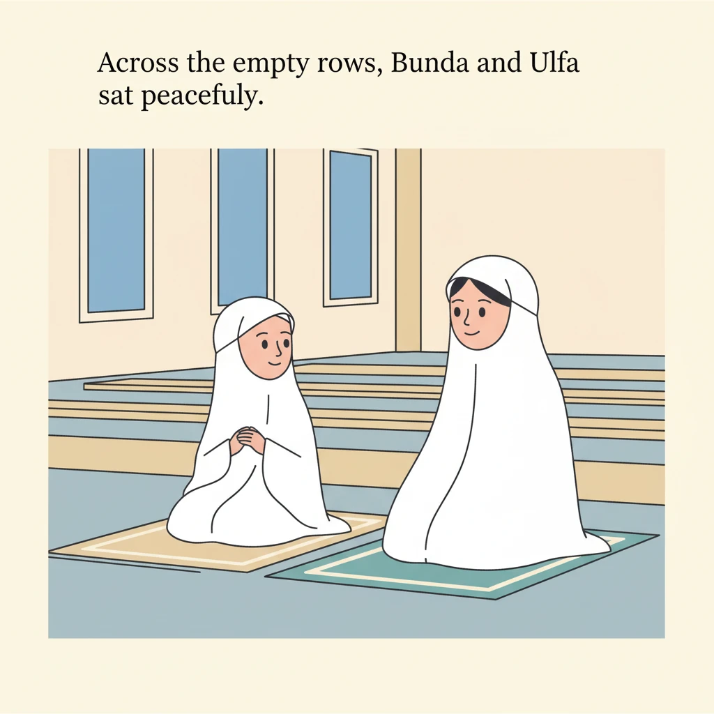 Across the empty rows, Bunda and Ulfa sit, their white mukenas rendered in clean, flowing lines. Ulfa, slightly older, listens intently, her posture a