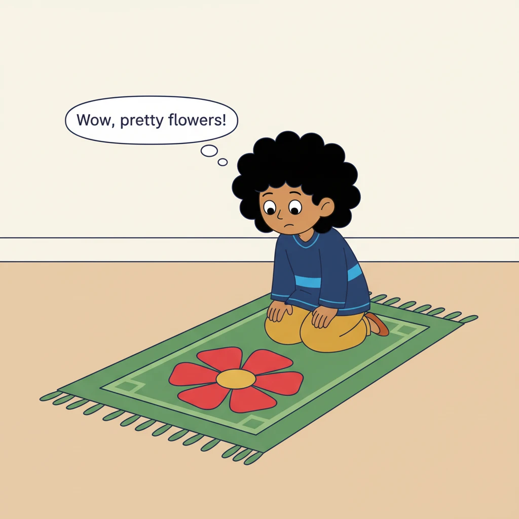 Alif's gaze settles on a vibrant red and yellow flower pattern on a prayer mat directly in front of him. The flower is a simple, bold shape, standing