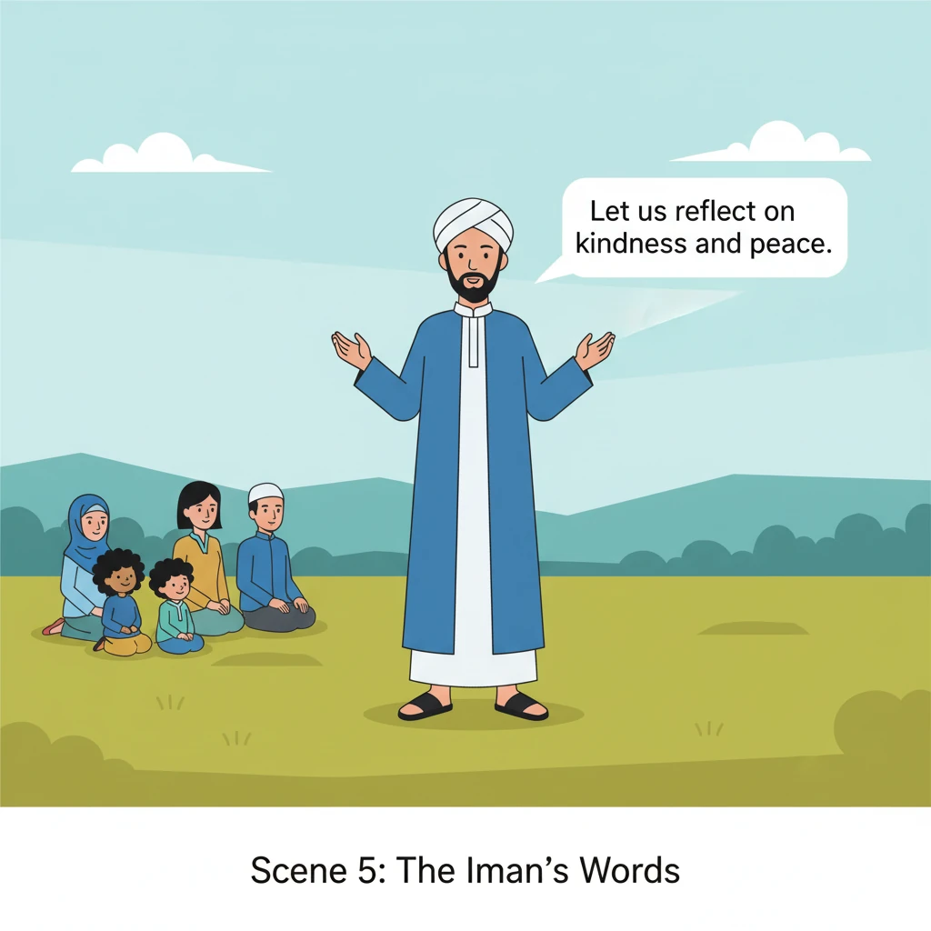 The Imam stands tall and central, his figure a strong, vertical block of color against the field. His hands are raised slightly, emphasizing his words