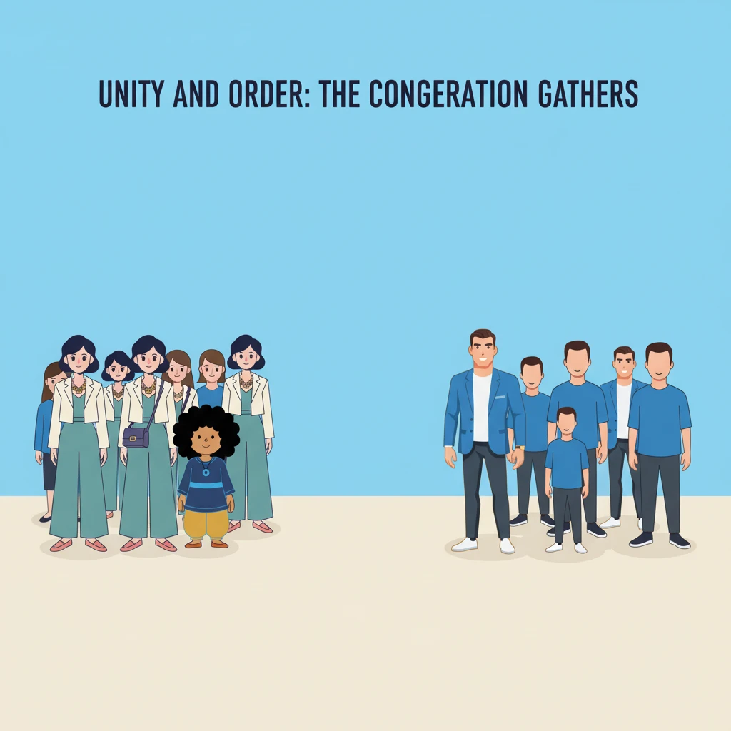 A wide shot reveals the harmonious arrangement of the congregation. Men on the right, women on the left, separated by a clear, open space. Each group