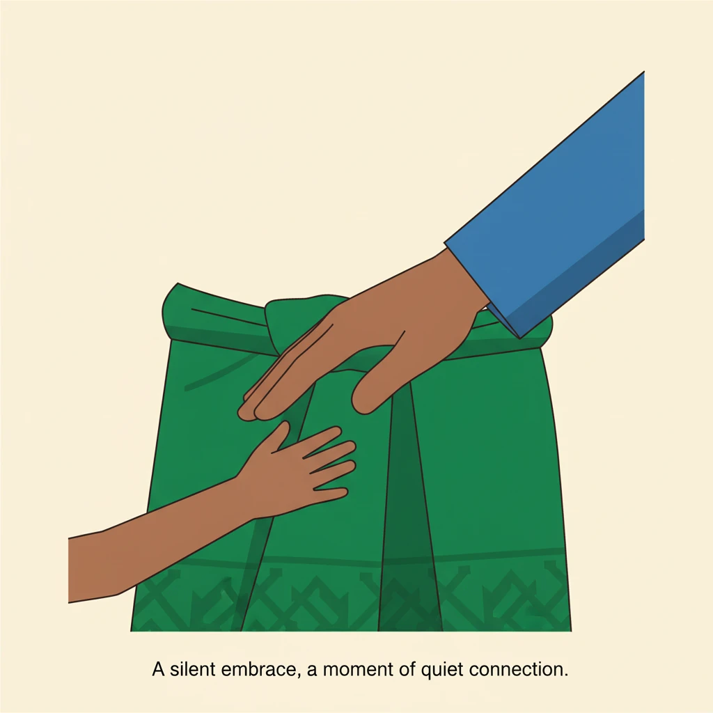 Alif's small, flat hand reaches out, a simple brown shape, finding comfort in the bold green fabric of Ayah's sarong. Ayah's larger hand, a darker ton