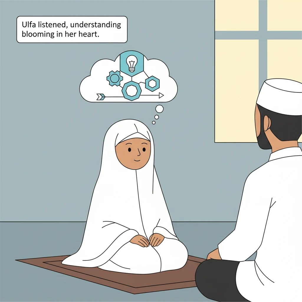 Ulfa's face is a study in peaceful concentration, her eyes fixed on the Imam. A stylized, geometric cloud above her head hints at abstract thoughts or