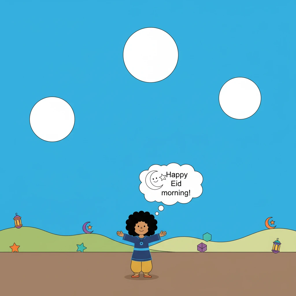 The morning sky dominates, a gradient-free expanse of bright blue. Above, a few perfectly circular, white clouds drift, their edges sharp and defined.