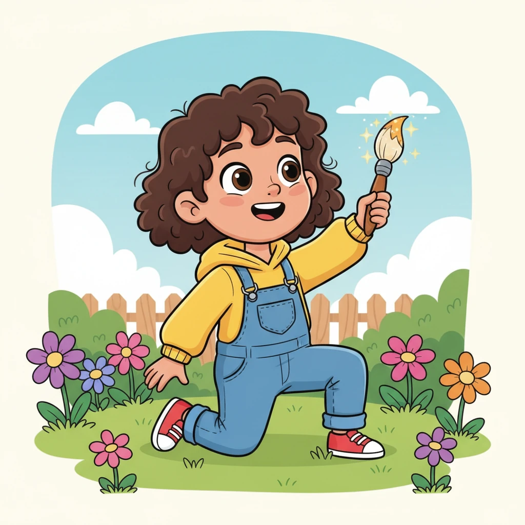 A cheerful little girl named Lila, with big, curious eyes and a wide smile, kneels in a vibrant green garden. She holds up a shimmering paintbrush that sparkles with tiny lights, looking surprised and delighted. Colorful flowers bloom around her.
English: Lila found a sparkly paintbrush in her garden.
Arabic: وجدت ليلى فرشاة لامعة في حديقتها.