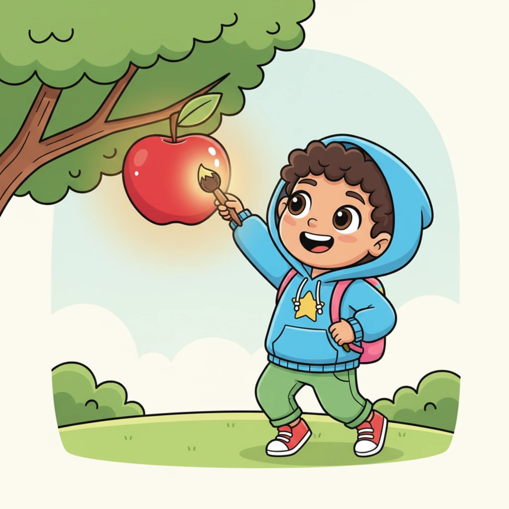 Lila, with her magical brush, playfully taps a perfectly round, glossy red apple hanging from a tree. The apple glows softly where the brush touches it, and Lila's face lights up with wonder.
English: She touched a big, red apple. This is RED!
Arabic: لمست تفاحة حمراء كبيرة. هذا أحمر!