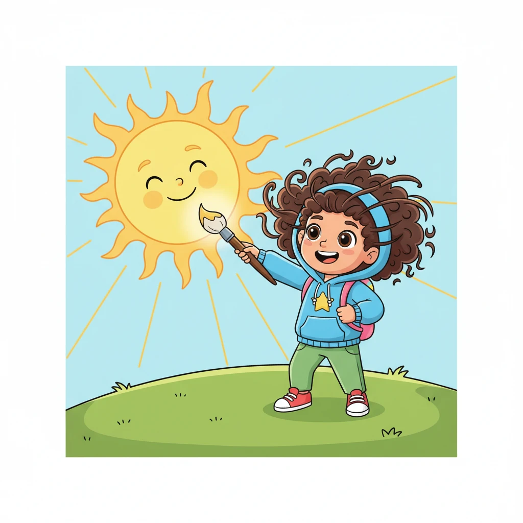 Lila stands on a grassy hill, pointing her magical brush towards a huge, smiling yellow sun in the sky. Golden rays stretch out playfully, and Lila's hair seems to dance in the light.
English: Lila saw the bright, yellow sun. This is YELLOW!
Arabic: رأت ليلى الشمس الصفراء الساطعة. هذا أصفر!