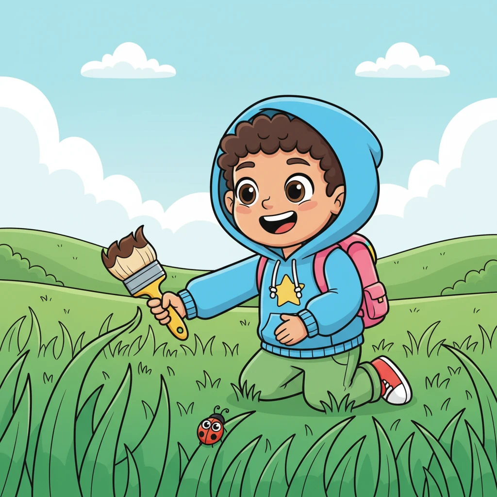 Lila giggles as she gently sweeps her brush across a lush, wavy field of green grass. The blades of grass seem to tickle her fingers, and a tiny ladybug peeks out from the vibrant greenery.
English: She touched the soft, green grass. This is GREEN!
Arabic: لمست العشب الأخضر الناعم. هذا أخضر!