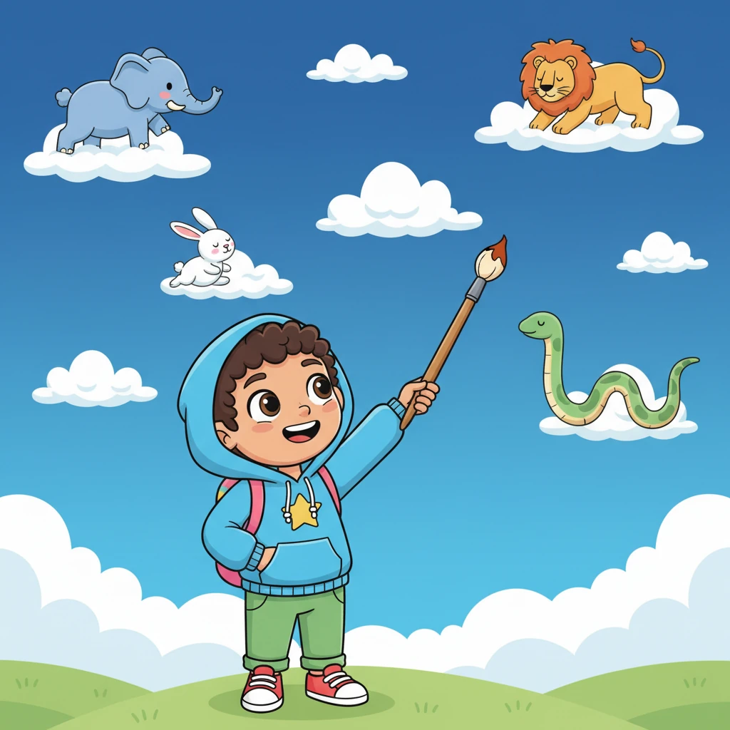 Lila gazes up at a vast, clear blue sky, dotted with fluffy white clouds shaped like playful animals. She extends her brush towards the sky, her eyes wide with fascination.
English: Lila looked at the big, blue sky. This is BLUE!
Arabic: نظرت ليلى إلى السماء الزرقاء الكبيرة. هذا أزرق!