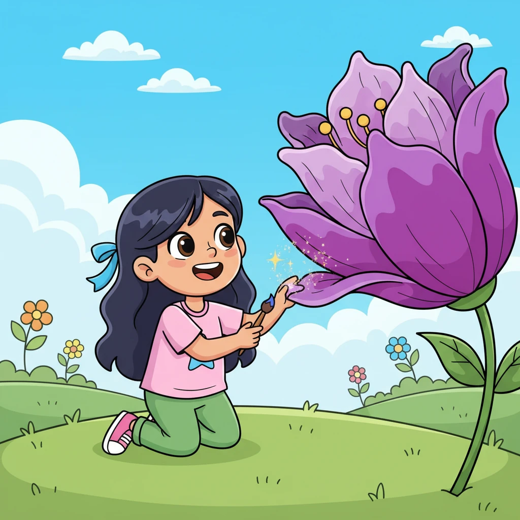 Lila kneels beside a magnificent, large purple flower with swirling petals. She gently touches one petal with her brush, and the flower seems to shimmer with extra vibrancy.
English: She found a lovely, purple flower. This is PURPLE!
Arabic: وجدت زهرة بنفسجية جميلة. هذا بنفسجي!