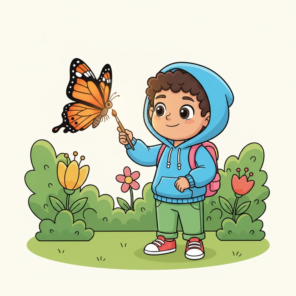 A graceful orange butterfly with intricate patterns on its wings flutters gently near Lila. She carefully points her brush at it, a soft smile on her face as the butterfly seems to glow.
English: Lila saw a pretty, orange butterfly. This is ORANGE!
Arabic: رأت ليلى فراشة برتقالية جميلة. هذا برتقالي!