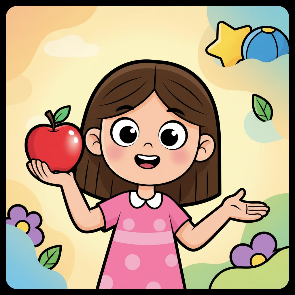 Lila holds up the red apple from before, its color shining brightly. She looks at the viewer with an inviting smile, as if asking a question. The background shows glimpses of the other colorful objects she found.
English: What color is this apple? It is RED!
Arabic: ما لون هذه التفاحة؟ إنها حمراء!