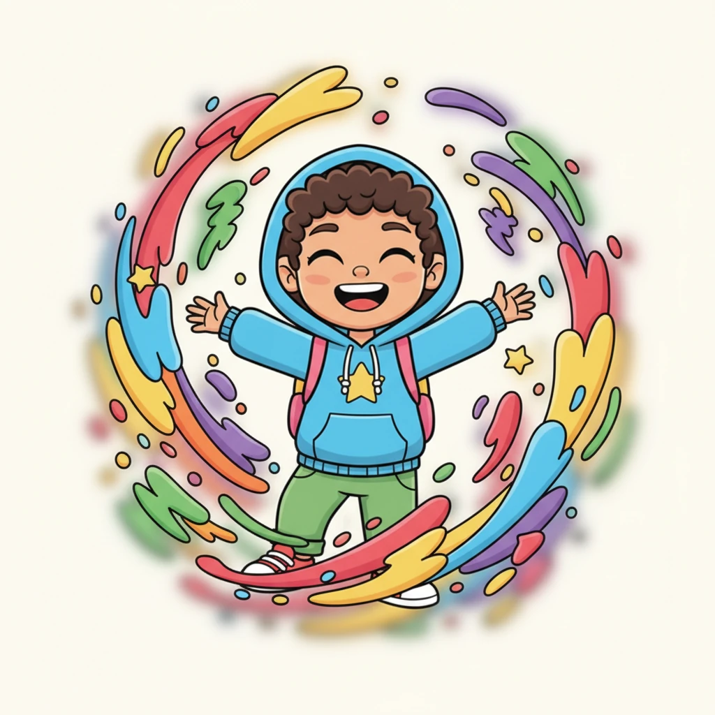 Lila stands in the middle of a swirling, joyful vortex of colors: red, yellow, green, blue, purple, and orange. The colors form playful shapes and patterns around her, making her laugh with delight.
English: All the colors danced around Lila!
Arabic: رقصت كل الألوان حول ليلى!
