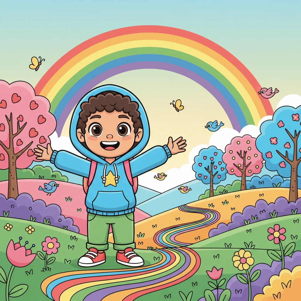 Lila beams brightly, surrounded by a vibrant landscape filled with all the colors she discovered. A rainbow arches overhead, and the entire scene is bursting with cheerful hues, showing a world full of beauty.
English: Colors make our world beautiful and bright!
Arabic: الألوان تجعل عالمنا جميلاً ومشرقاً!