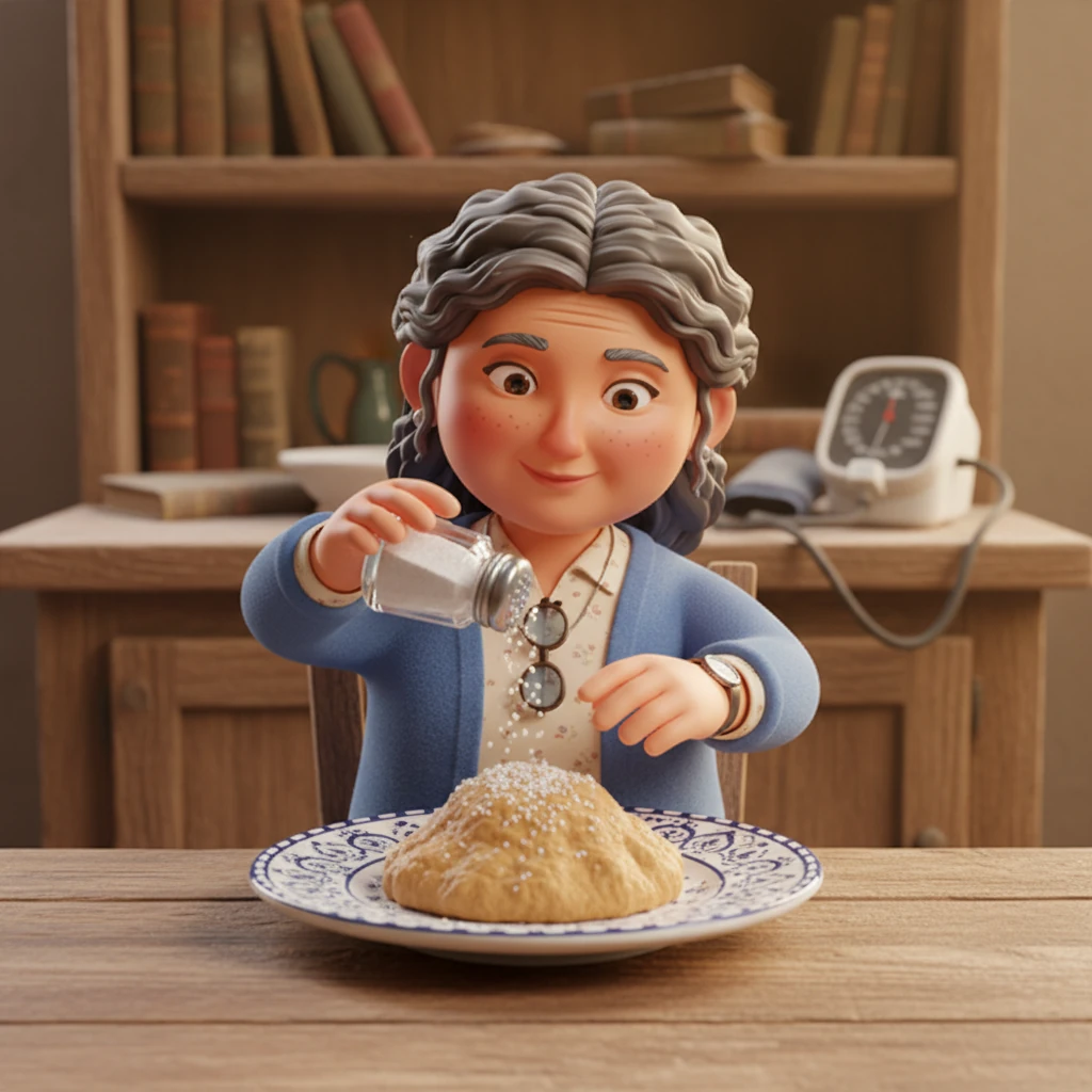 She also rarely checked her blood pressure, believing she felt fine. For Ayşe Hanım, every meal was a feast, especially with a generous sprinkle of salt. She loved the rich, savory taste, unaware of its hidden dangers. The intricate patterns on her ceramic plate and the glittering salt shaker are rendered with realistic textures, while a dusty blood pressure monitor sits unnoticed on a distant shelf.