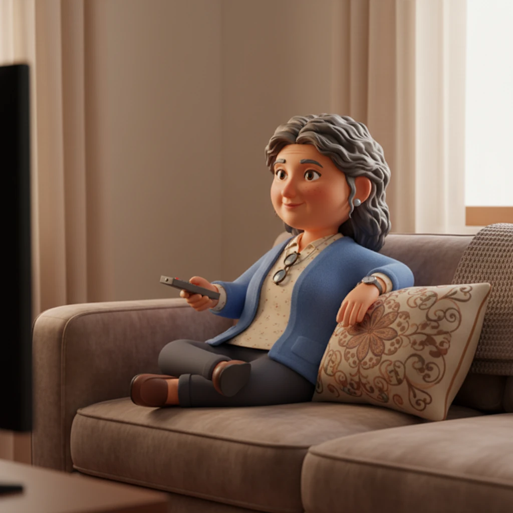 After her meals, Ayşe Hanım often preferred to relax on her comfortable sofa. She enjoyed watching her favorite TV shows, letting the hours slip by. The thought of a brisk walk sometimes crossed her mind, but she rarely acted on it. The plush velvet of the sofa and the detailed embroidery on the cushions are visible, illuminated by the soft glow of the television screen, depicting a cozy but sedentary scene.