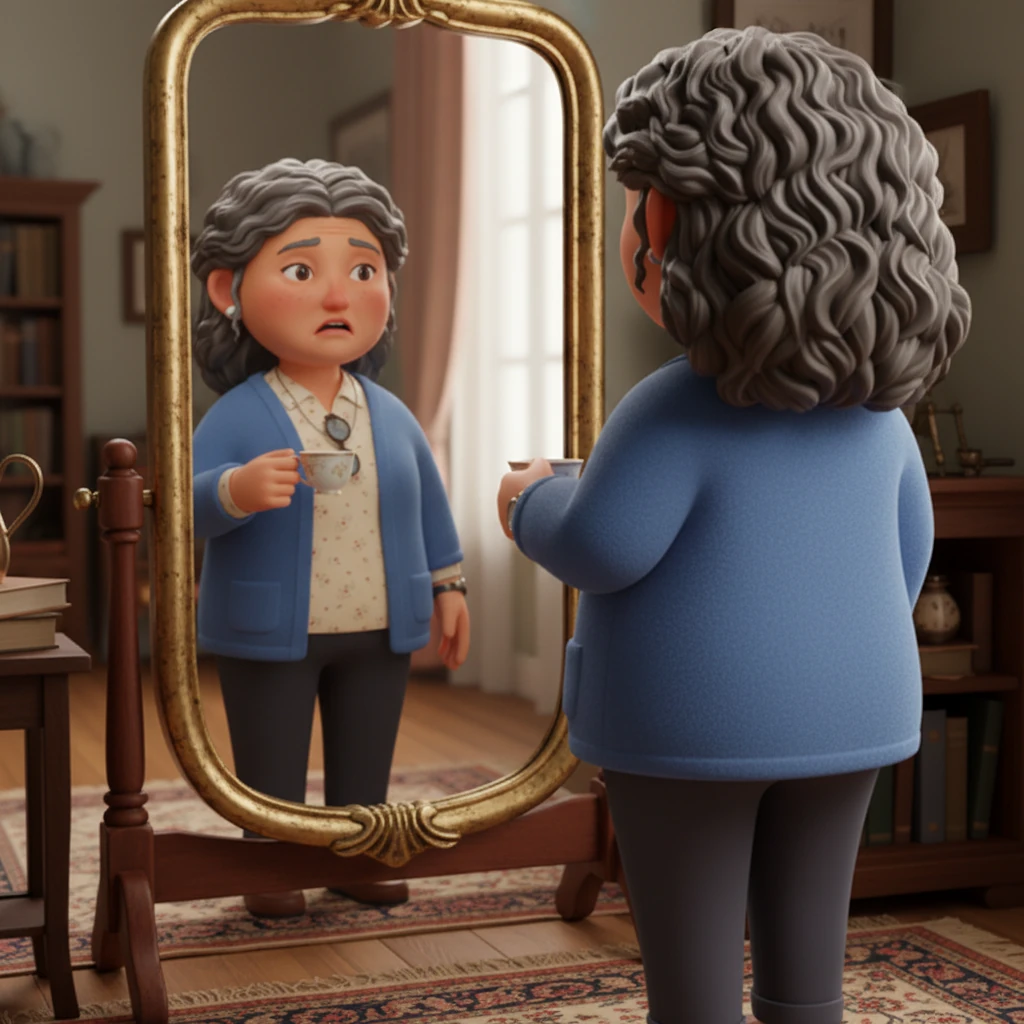 She tried to take another sip of tea, but her hand felt heavy and unresponsive. As she looked in the mirror, she noticed one side of her face seemed to droop slightly. A sense of alarm began to prickle her. Her reflection in the antique, ornate mirror shows a subtle but clear facial asymmetry, with one eye drooping slightly, and her arm hanging limply, rendered with realistic skin tones and subtle shadows.