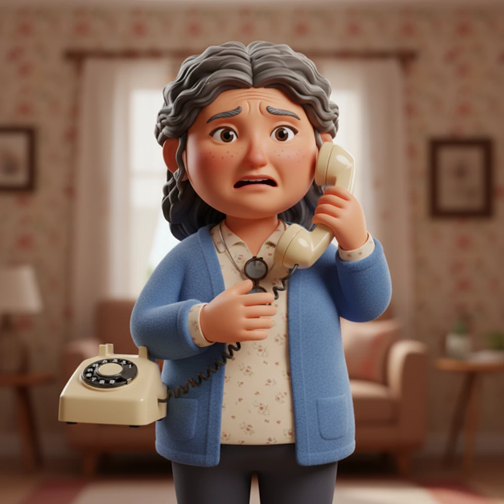 When her neighbor, Fatma Hanım, called to check in, Ayşe Hanım tried to speak, but her words came out slurred and jumbled. Fatma Hanım, noticing the urgency in Ayşe's voice, remembered an important rule: FAST. Ayşe Hanım holds a vintage rotary phone, her distress evident in her furrowed brow and the slight distortion of her mouth, with the phone's polished plastic reflecting ambient light.