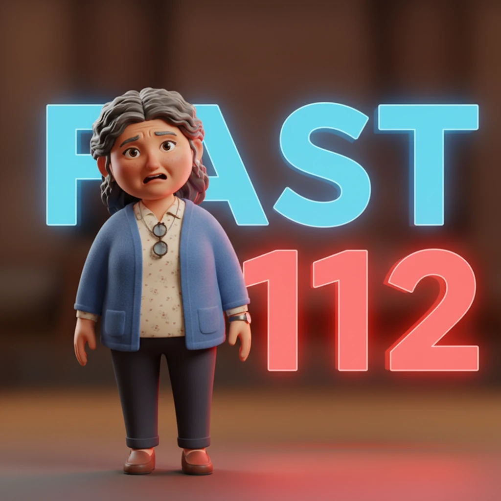 FAST stands for Face drooping, Arm weakness, Speech difficulty, and Time to call emergency. If you see any of these signs, it's crucial to act quickly and call 112 immediately. Every minute counts in getting help. A dynamic, clean graphic overlay, with distinct, brightly lit text for F, A, S, T, is superimposed over a blurred, urgent background of Ayşe Hanım, with the emergency number 112 prominently displayed.