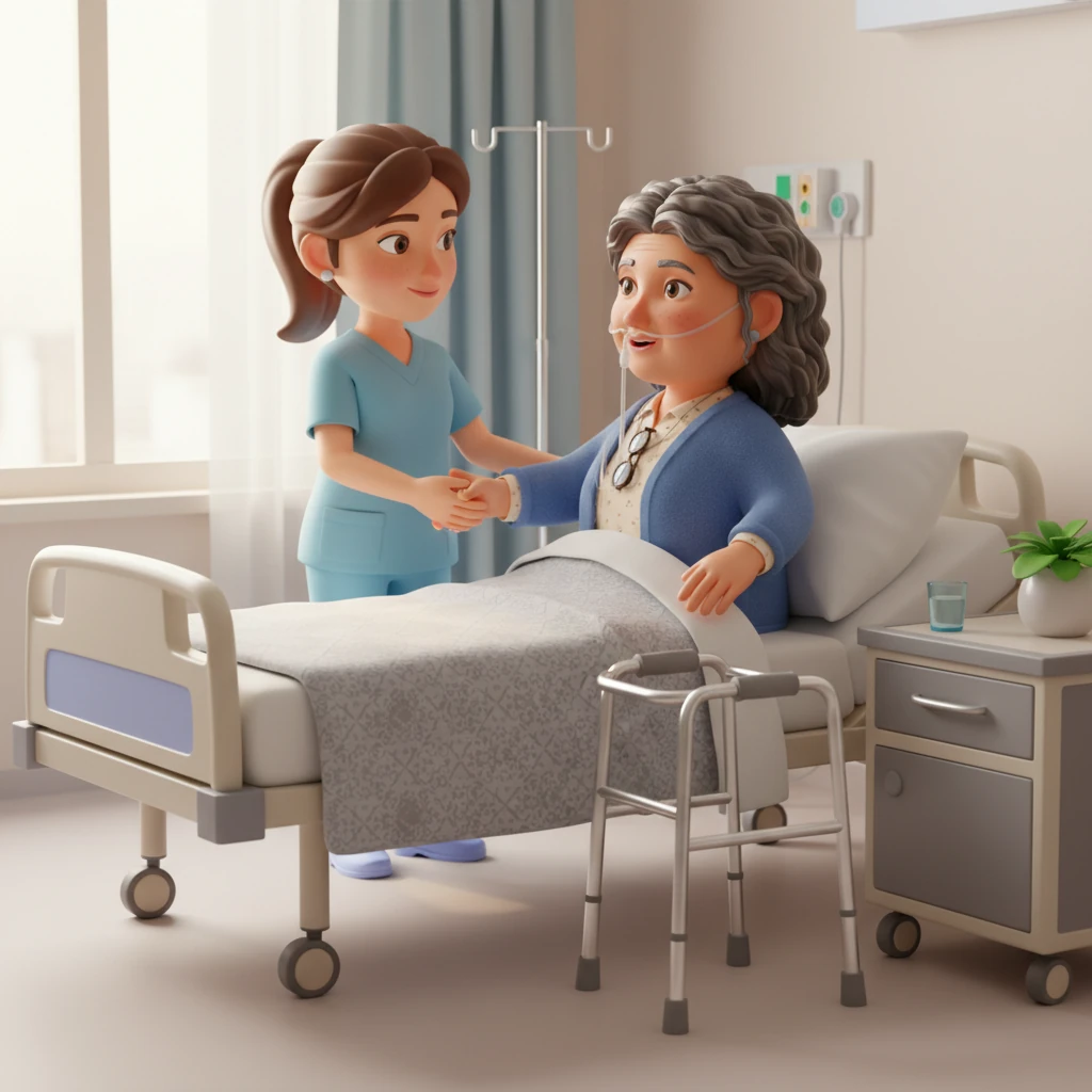 Because help was delayed, Ayşe Hanım faced difficult challenges. She found it hard to move her body freely and struggled to speak clearly. Simple daily tasks, once easy, now required assistance, making her feel dependent. Ayşe Hanım is depicted in a sterile but comforting hospital room, the crisp white sheets and metallic bedside table rendered with precise material detail, as a kind nurse gently assists her.