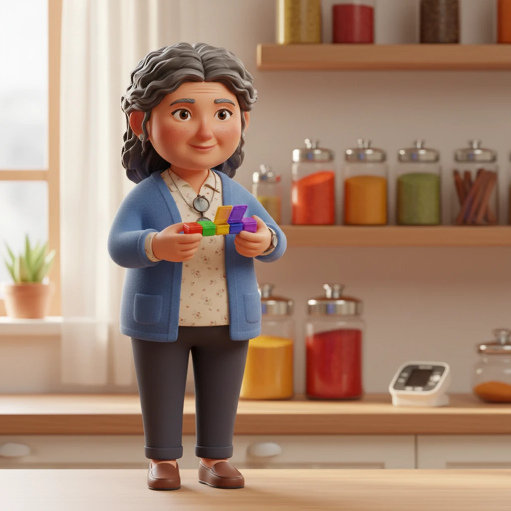 But Ayşe Hanım was determined to get better and learn new habits. Her doctor suggested setting a daily time for blood pressure checks and using a pill organizer. She also learned to replace salt with delicious Turkish spices. A vibrant, organized scene shows Ayşe Hanım holding a colorful pill organizer, a sleek digital blood pressure monitor on her wrist, and an array of beautifully rendered spice jars in the background, their textures and colors rich and inviting.