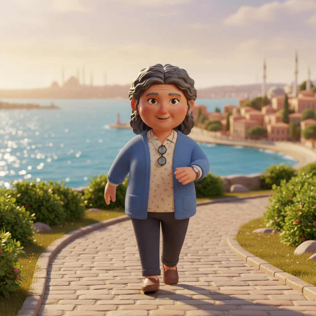 Soon, Ayşe Hanım was walking 30 minutes every day, enjoying the fresh air and beautiful scenery. She felt stronger, healthier, and happier, inspiring others with her positive changes. Her heart thanked her for every healthy choice. Ayşe Hanım, now radiant and energetic, is seen walking briskly along a sun-drenched coastal path in Türkiye, with the sparkling blue Bosphorus and distant minarets rendered in exquisite detail, bathed in warm, golden light.