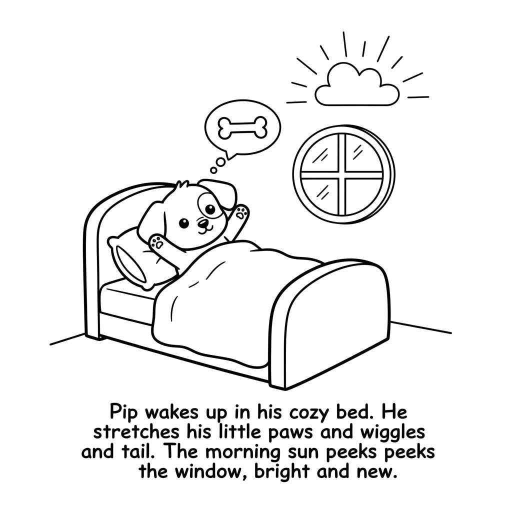 Pip wakes up in his cozy bed. He stretches his little paws and wiggles his tail. The morning sun peeks through the window, bright and new.