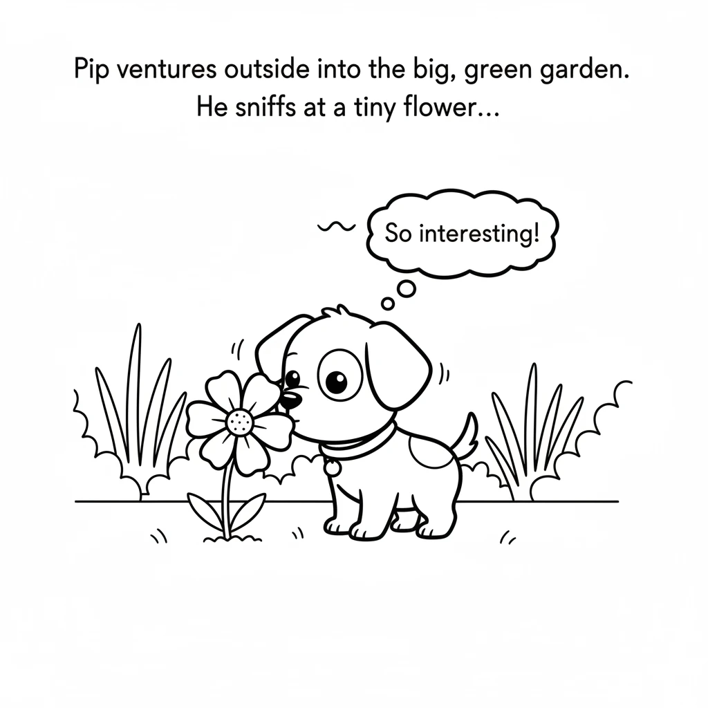 Pip ventures outside into the big, green garden. He sniffs at a tiny flower, its petals soft and wide. Everything smells so interesting.