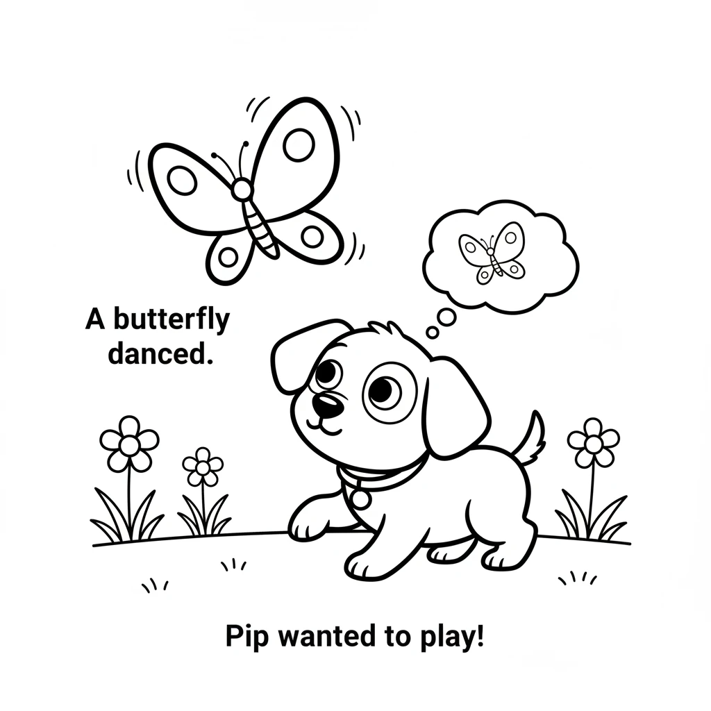 A colorful butterfly flutters by, light as a feather. Pip watches it dance in the air with wide, curious eyes. He tries to pounce, but it flies away.
