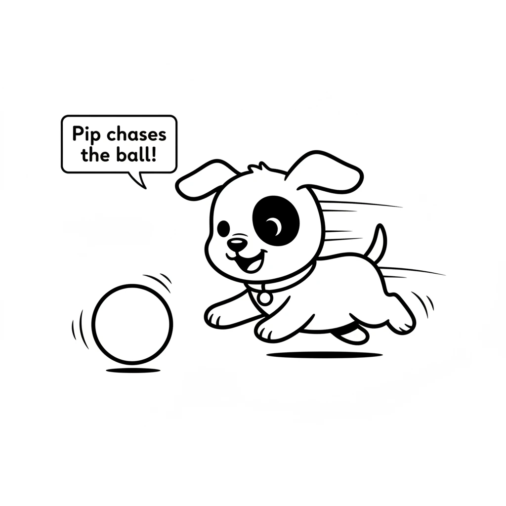 Pip finds a bright red ball. He nudges it with his nose, then bats it with a paw. The ball rolls and Pip chases after it, full of energy.