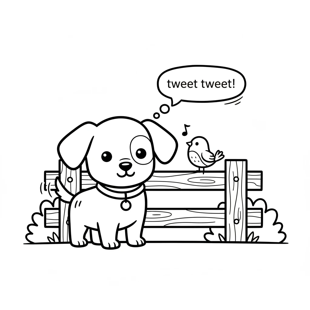 A friendly little bird lands on the fence, chirping a sweet song. Pip wags his tail slowly, listening to the music. The bird cocks its head, then flie