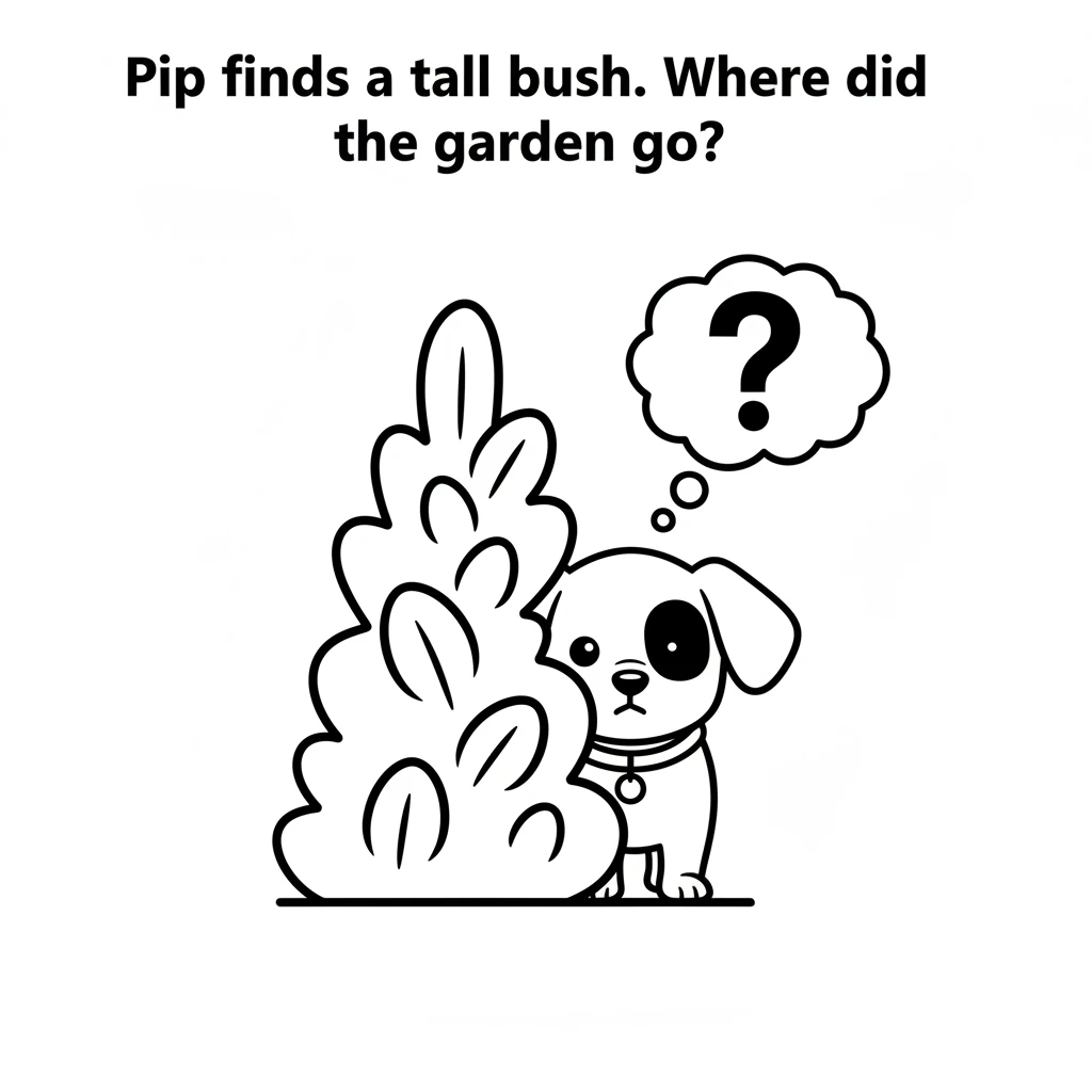 Pip explores a bit further and finds a tall, leafy bush. He peeks behind it, feeling a little bit small and unsure. Where did the garden go?