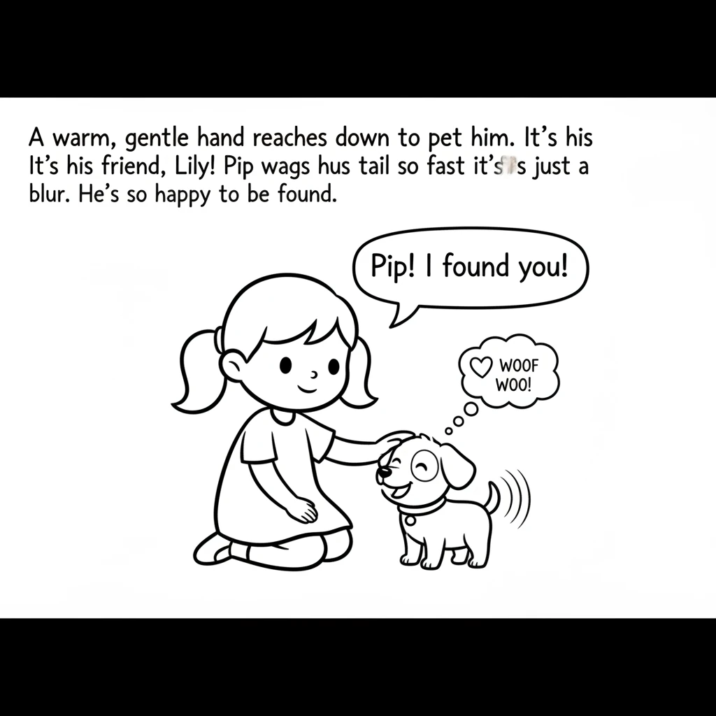 A warm, gentle hand reaches down to pet him. It's his friend, Lily! Pip wags his tail so fast it's just a blur. He's so happy to be found.