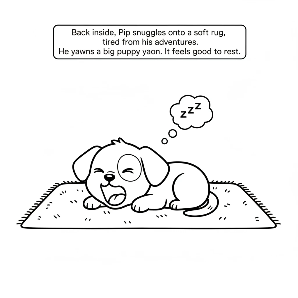 Back inside, Pip snuggles onto a soft rug, tired from his adventures. He yawns a big puppy yawn. It feels good to rest.
